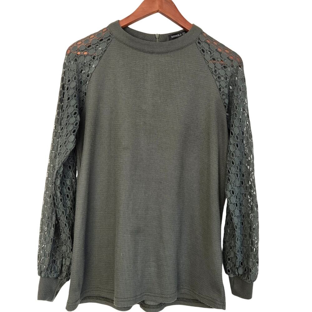 Soft Feminine Everyday Chic Textured Waffle Knit Sheer Circle Lace Sleeves Top S